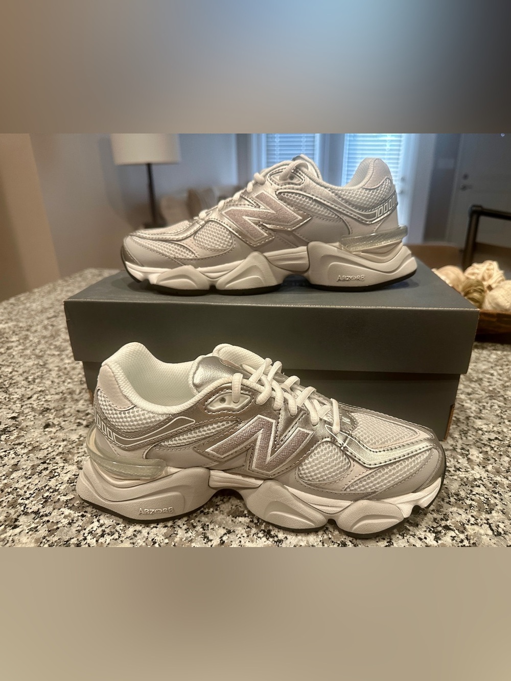 New Balance Women's Silver and White Chunky Trainer